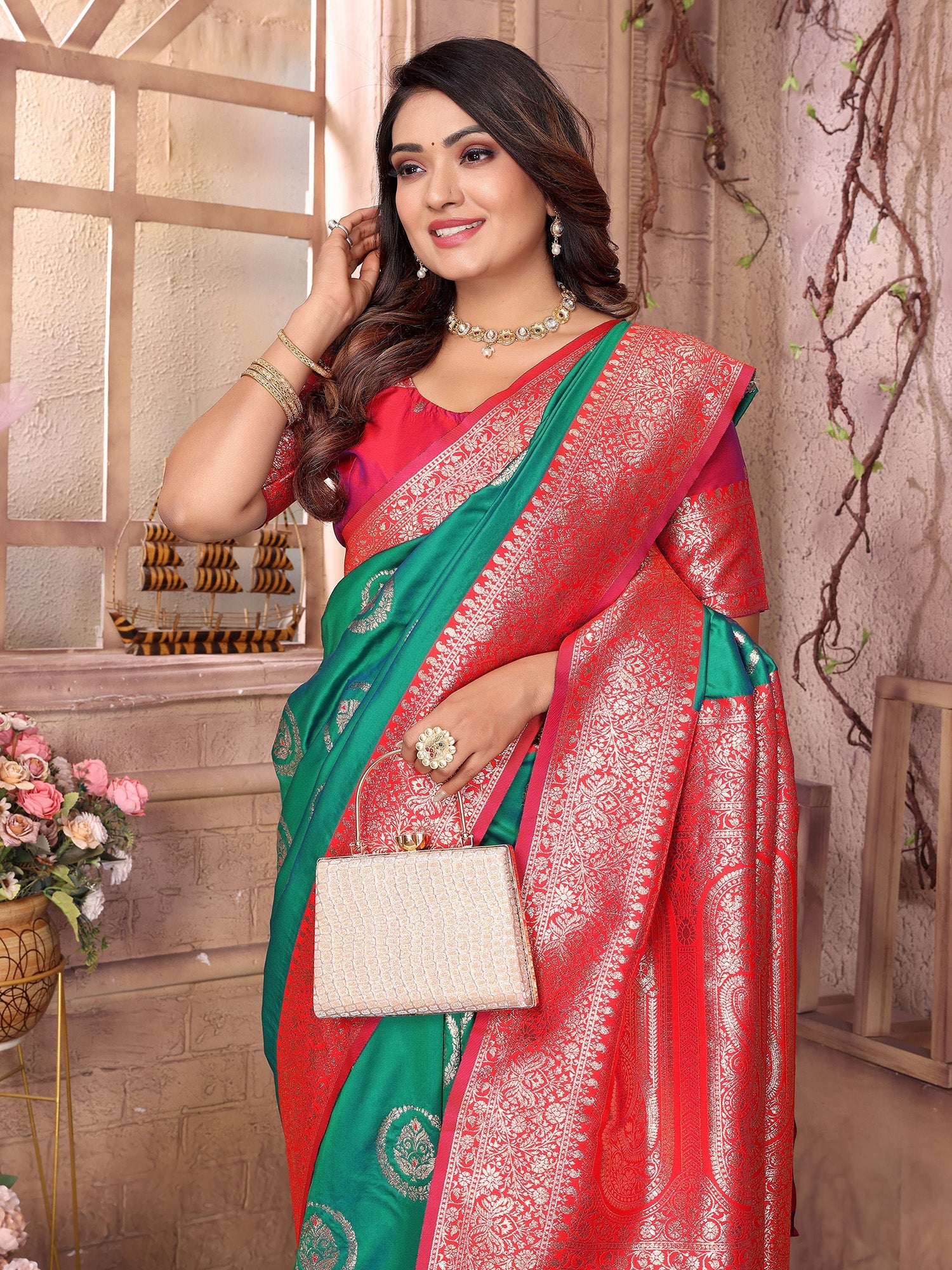 Elora Green Soft Silk Banarasi Zari Woven Saree | Grocsy