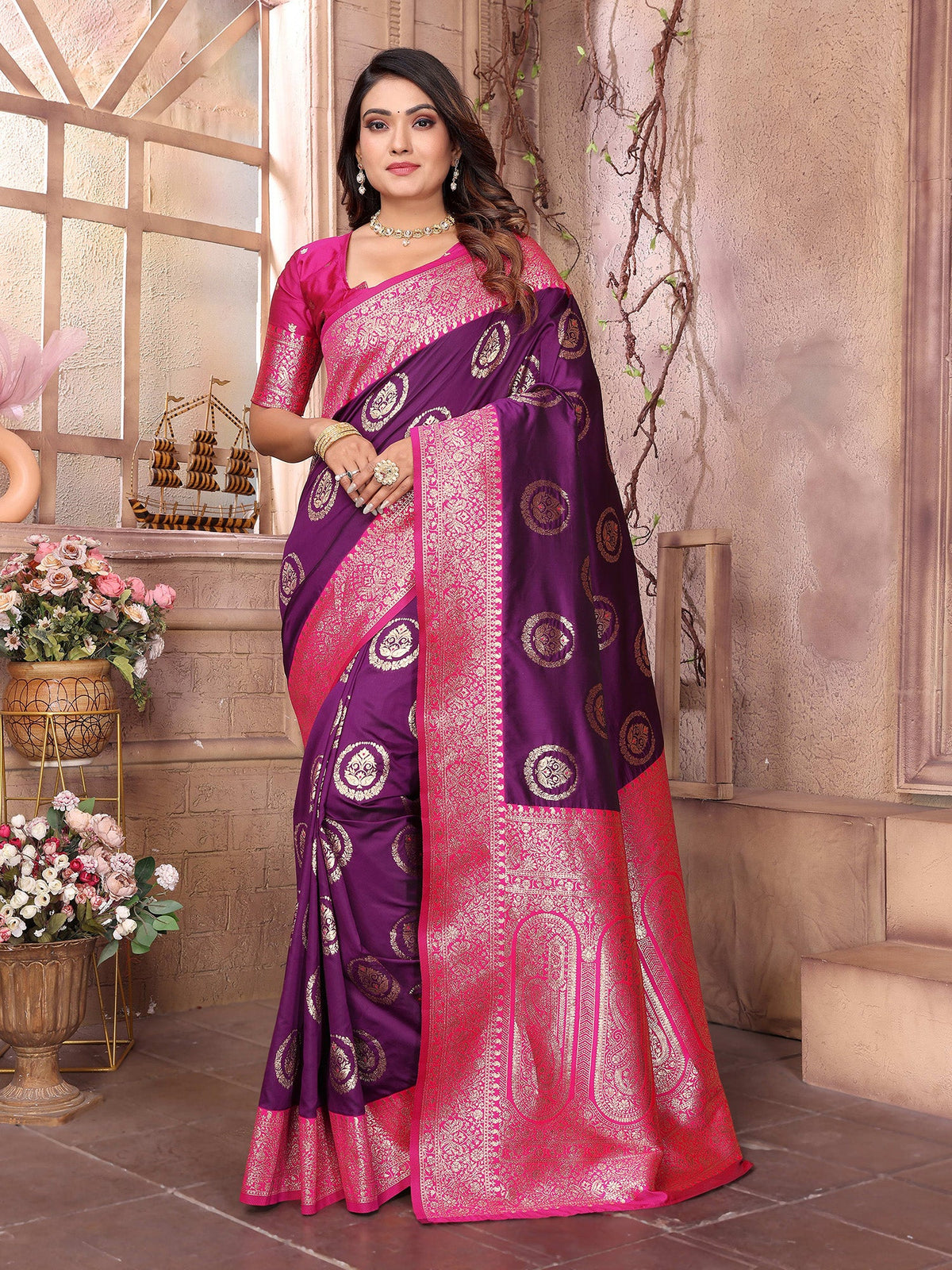 Elora Purple Soft Silk Banarasi Zari Woven Saree | Grocsy