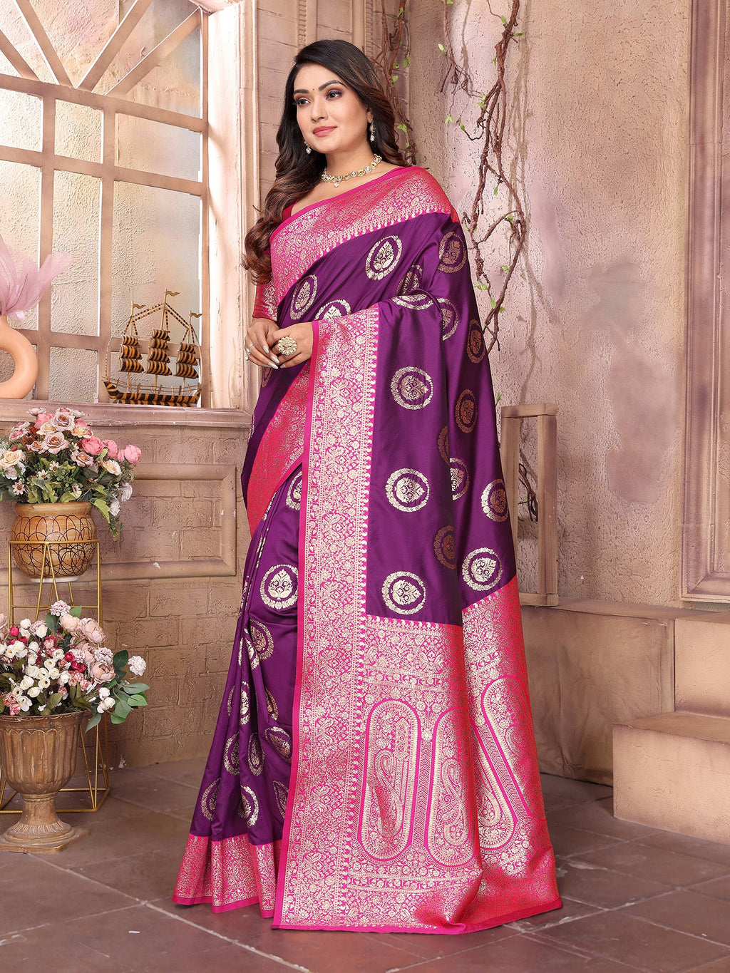 Elora Purple Soft Silk Banarasi Zari Woven Saree | Grocsy