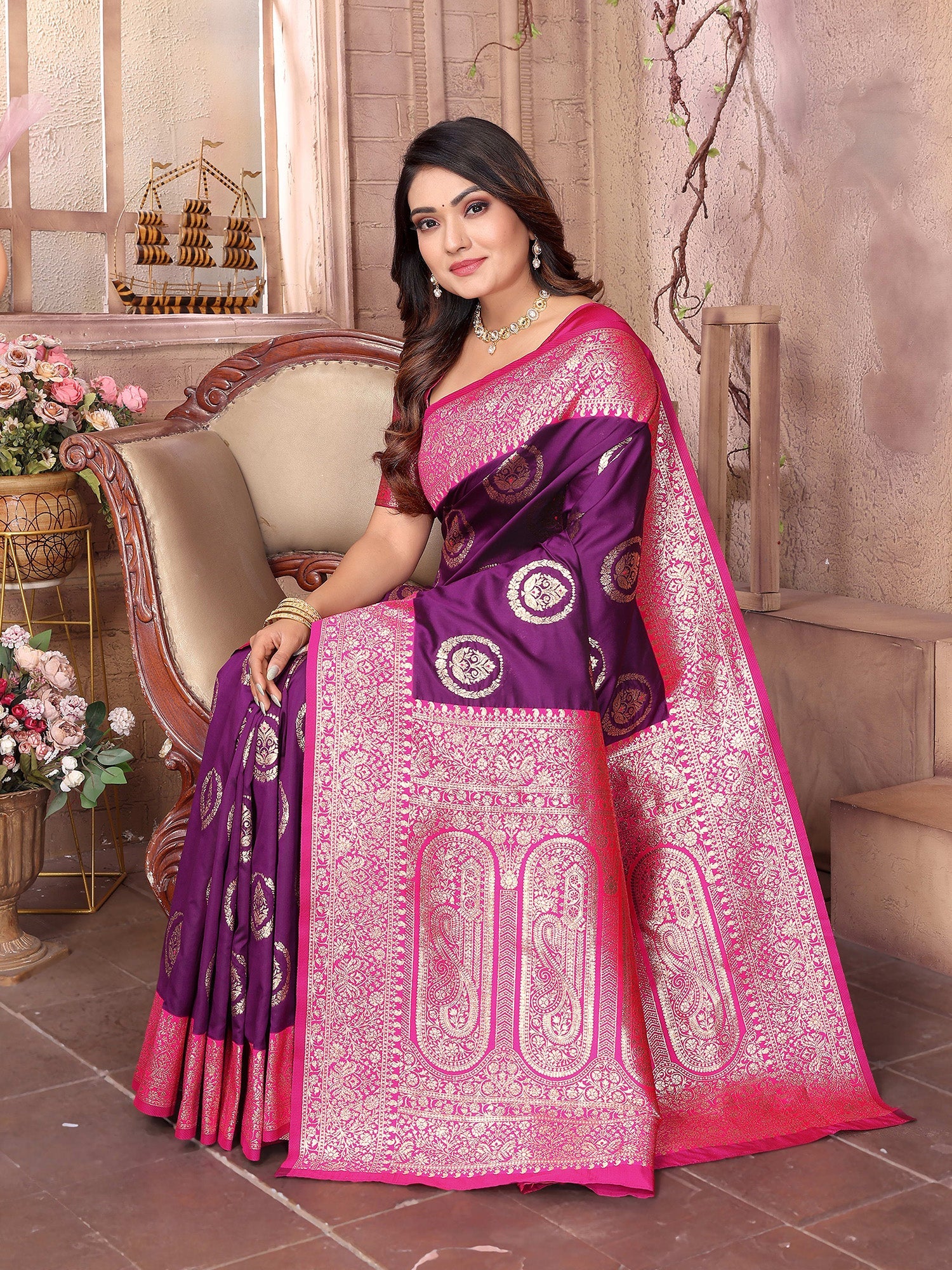 Elora Purple Soft Silk Banarasi Zari Woven Saree | Grocsy