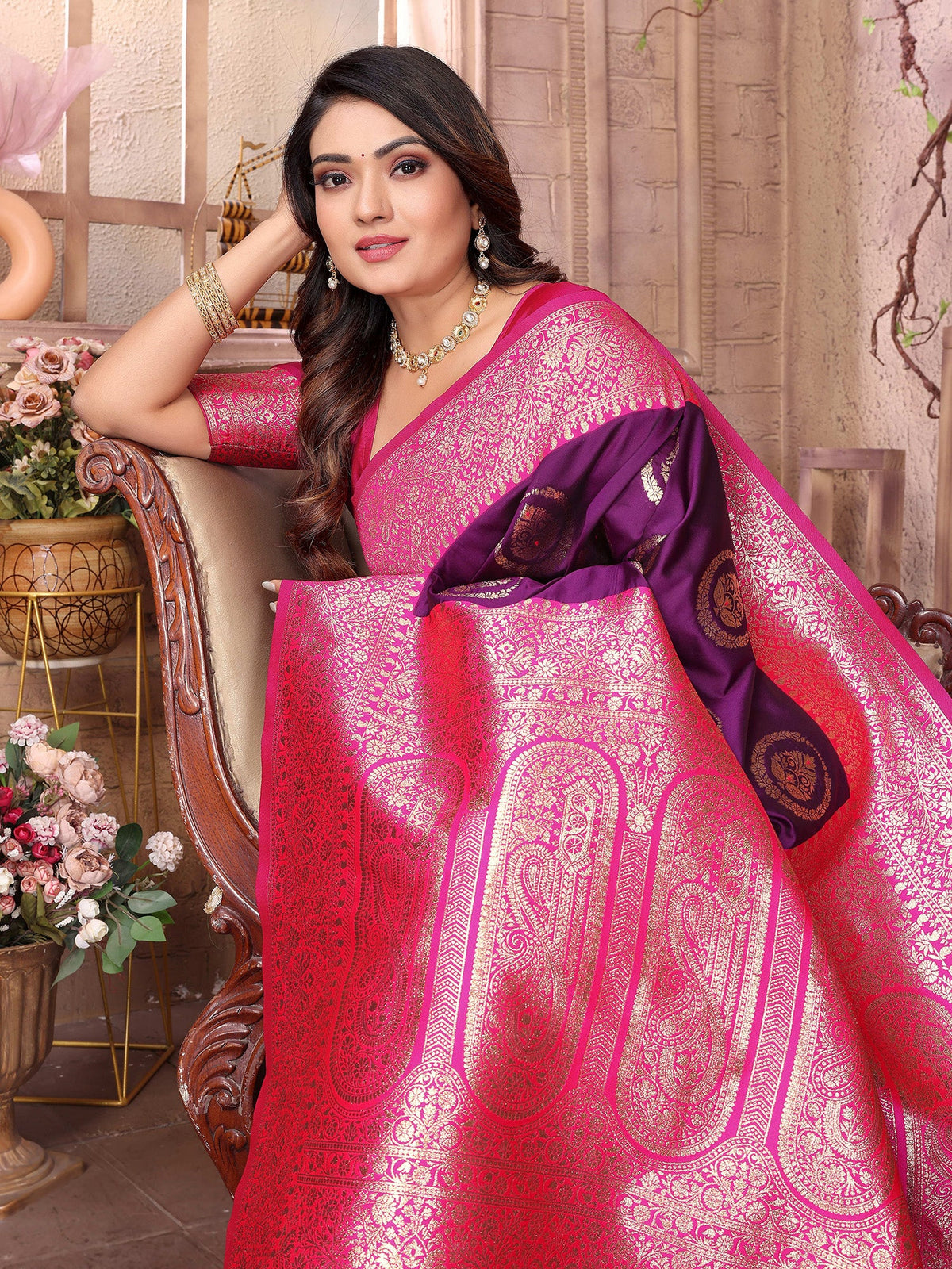 Elora Purple Soft Silk Banarasi Zari Woven Saree | Grocsy
