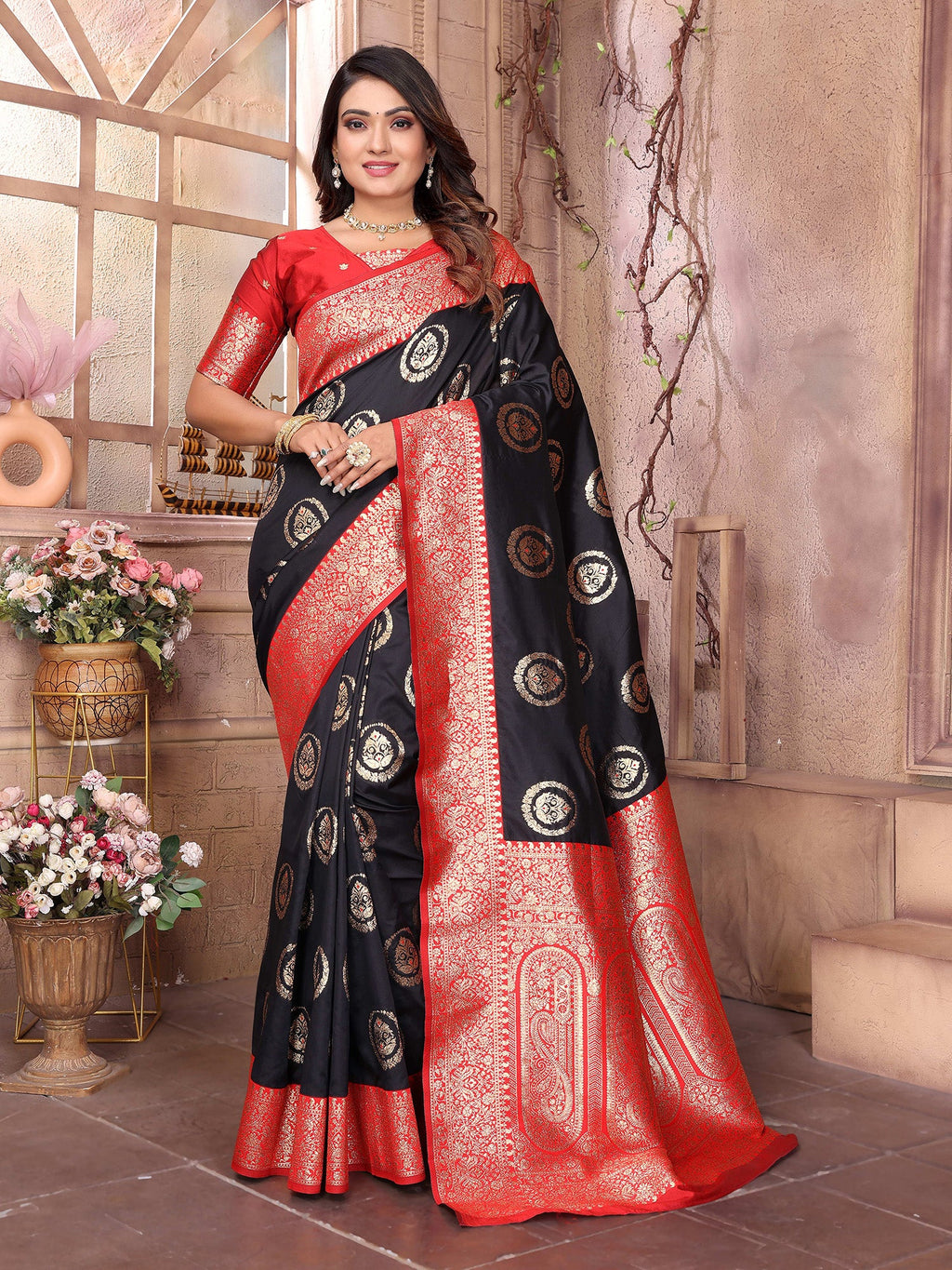 Elora Black Soft Silk Banarasi Zari Woven Saree | Grocsy