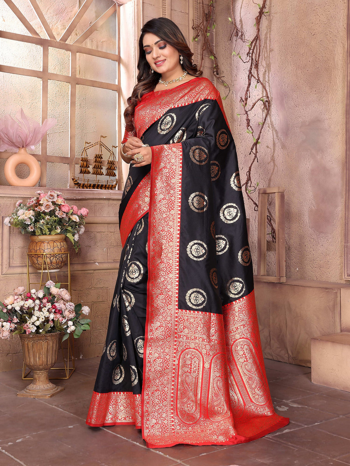 Elora Black Soft Silk Banarasi Zari Woven Saree | Grocsy