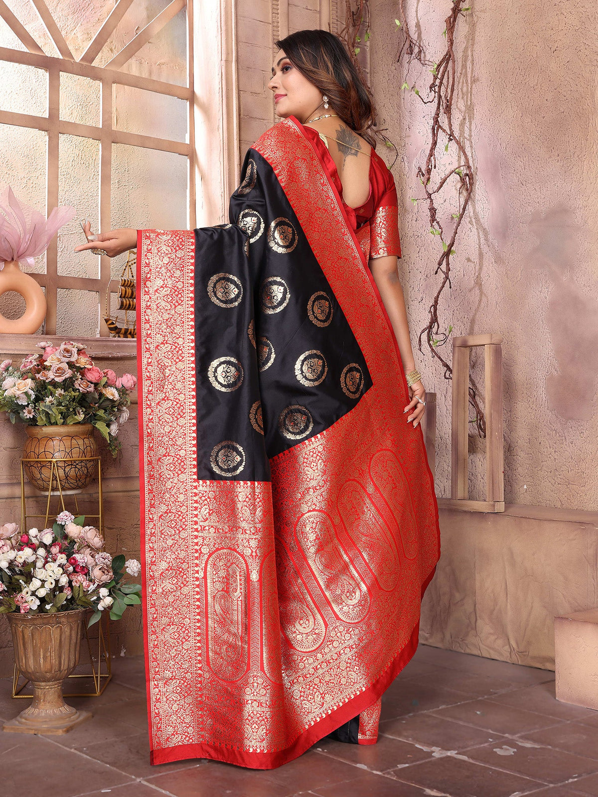 Elora Black Soft Silk Banarasi Zari Woven Saree | Grocsy