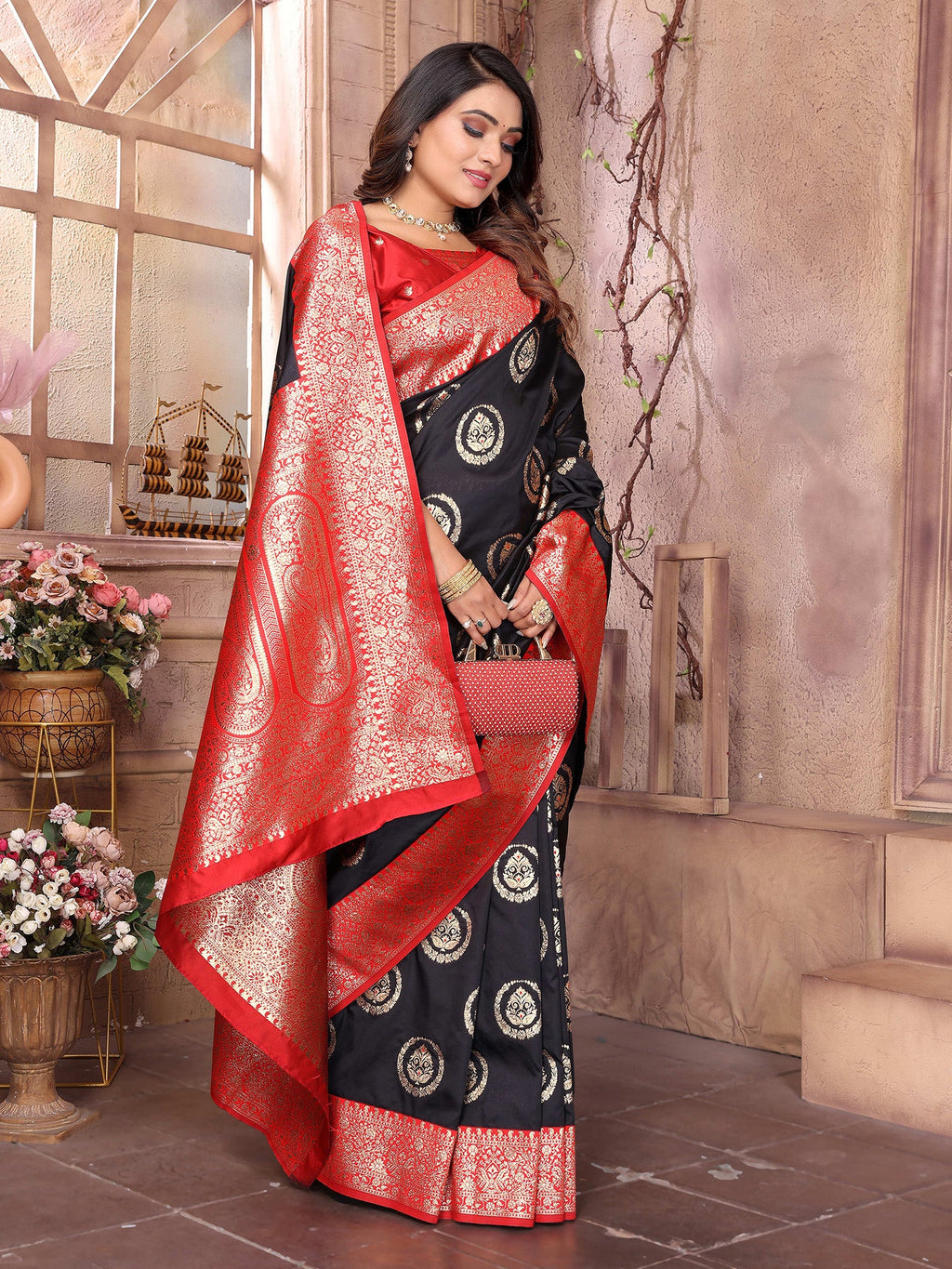 Elora Black Soft Silk Banarasi Zari Woven Saree | Grocsy