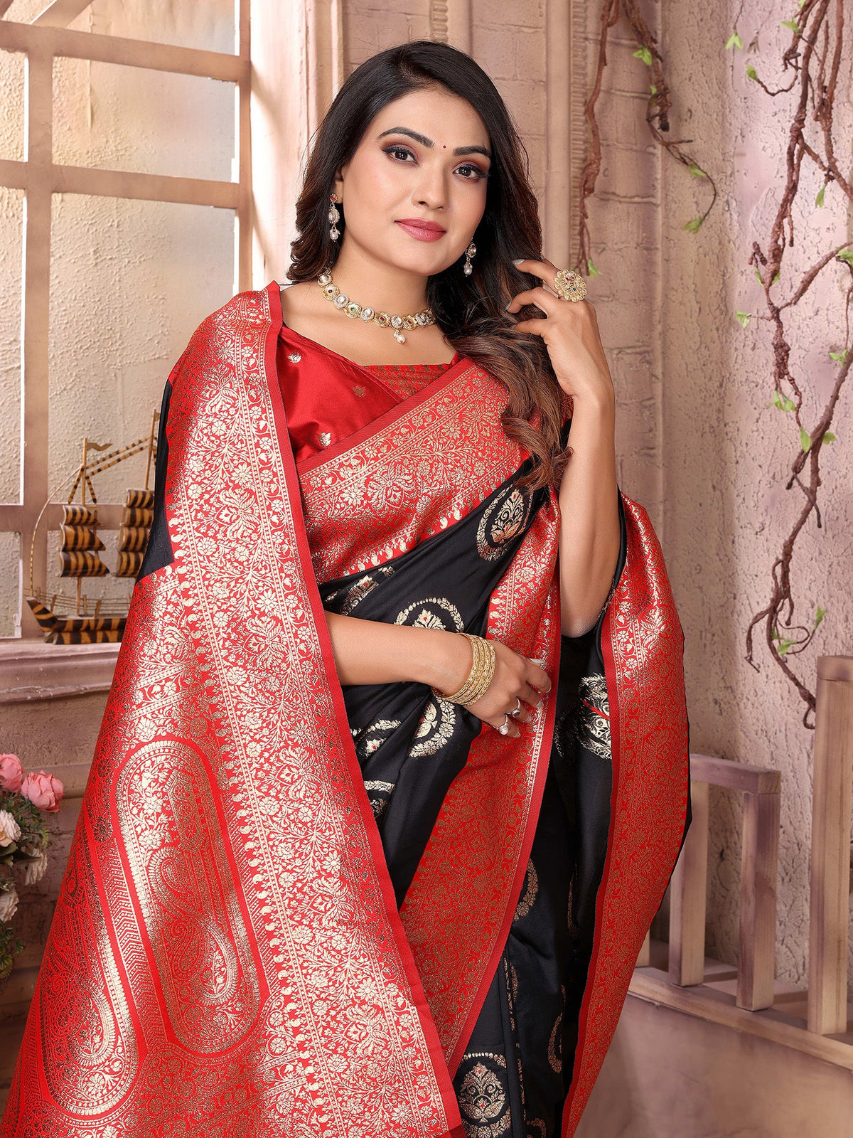 Elora Black Soft Silk Banarasi Zari Woven Saree | Grocsy