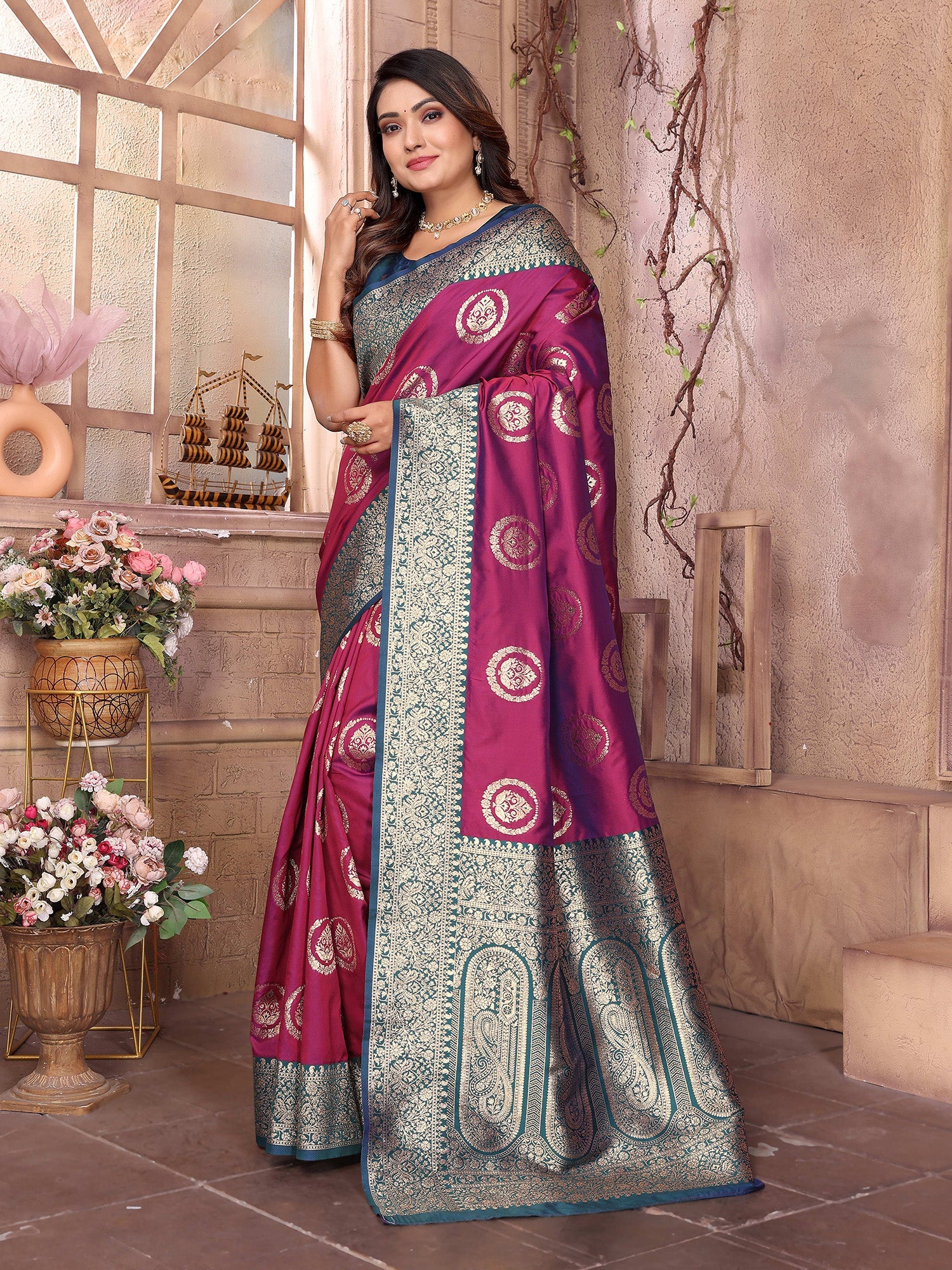Elora Magenta Soft Silk Banarasi Zari Woven Saree | Grocsy
