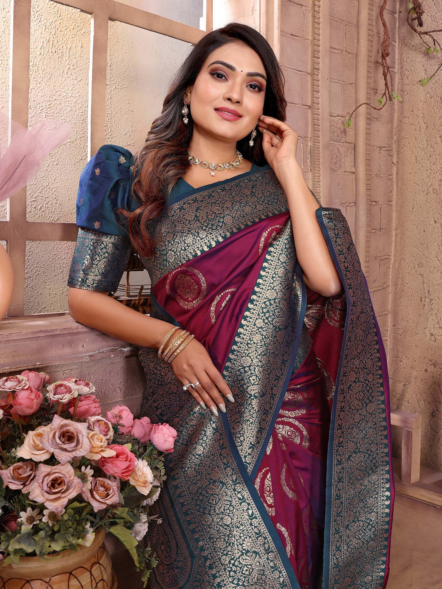 Elora Magenta Soft Silk Banarasi Zari Woven Saree | Grocsy