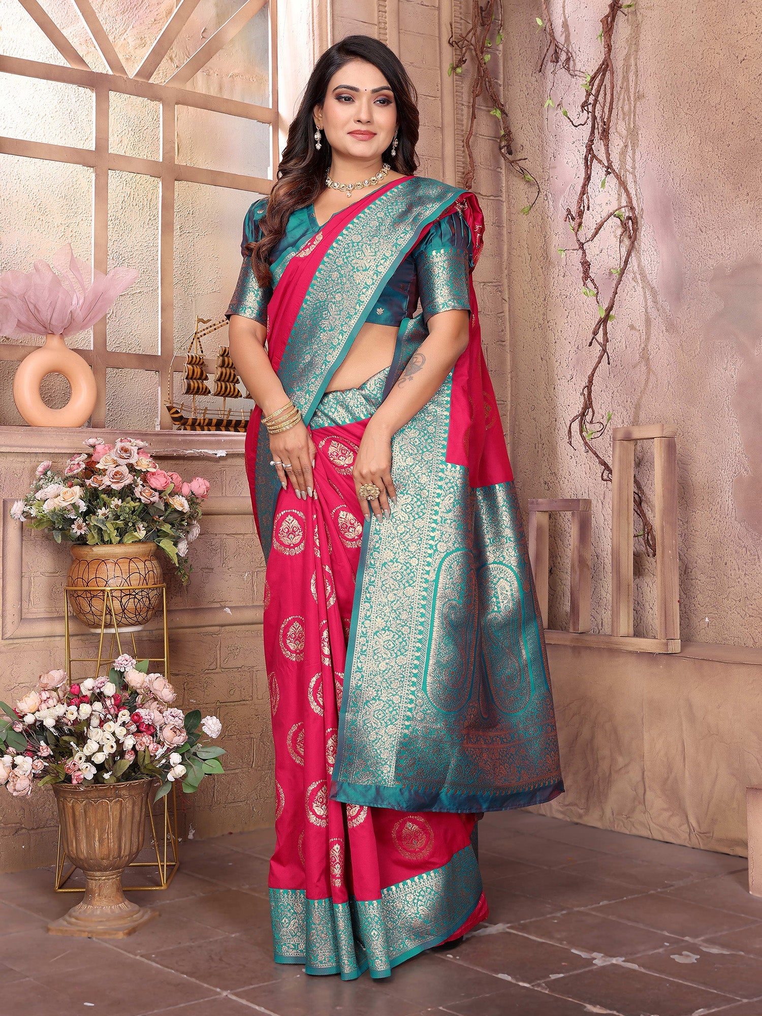 Elora Hot Pink Soft Silk Banarasi Zari Woven Saree | Grocsy
