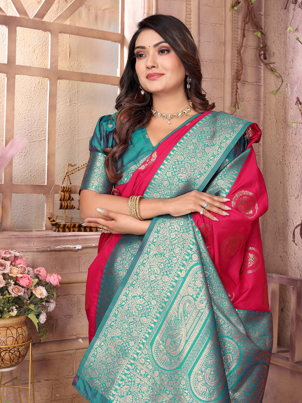 Elora Hot Pink Soft Silk Banarasi Zari Woven Saree | Grocsy