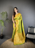 Elora Light Green Soft Silk Banarasi Zari Woven Weaving Saree | Grocsy
