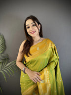 Elora Light Green Soft Silk Banarasi Zari Woven Weaving Saree | Grocsy
