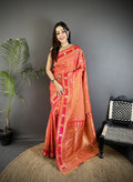 Elora Peach Soft Silk Banarasi Zari Woven Weaving Saree | Grocsy