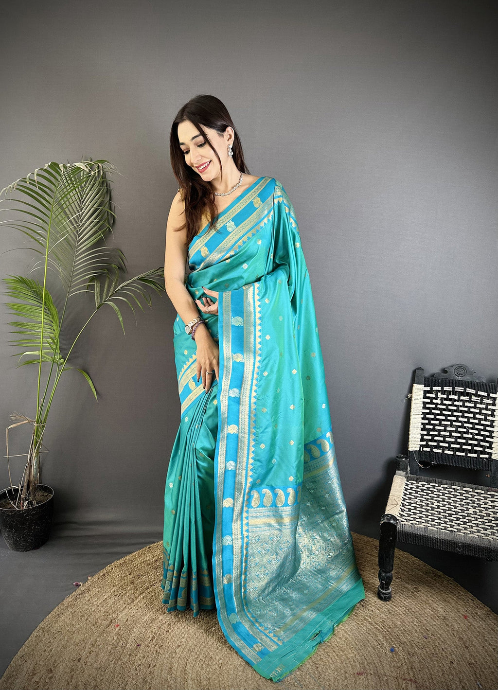 Elora Sea Green Soft Silk Banarasi Zari Woven Weaving Saree | Grocsy