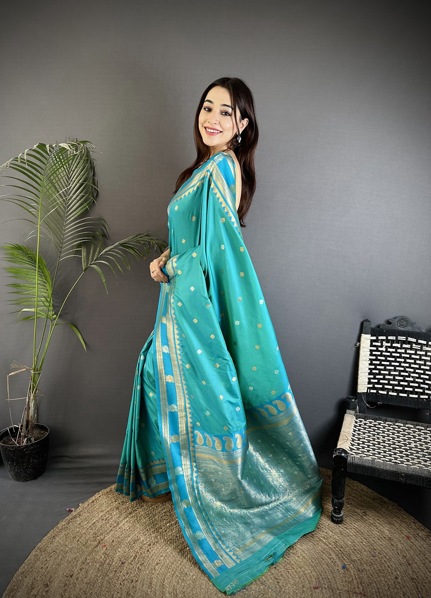 Elora Sea Green Soft Silk Banarasi Zari Woven Weaving Saree | Grocsy