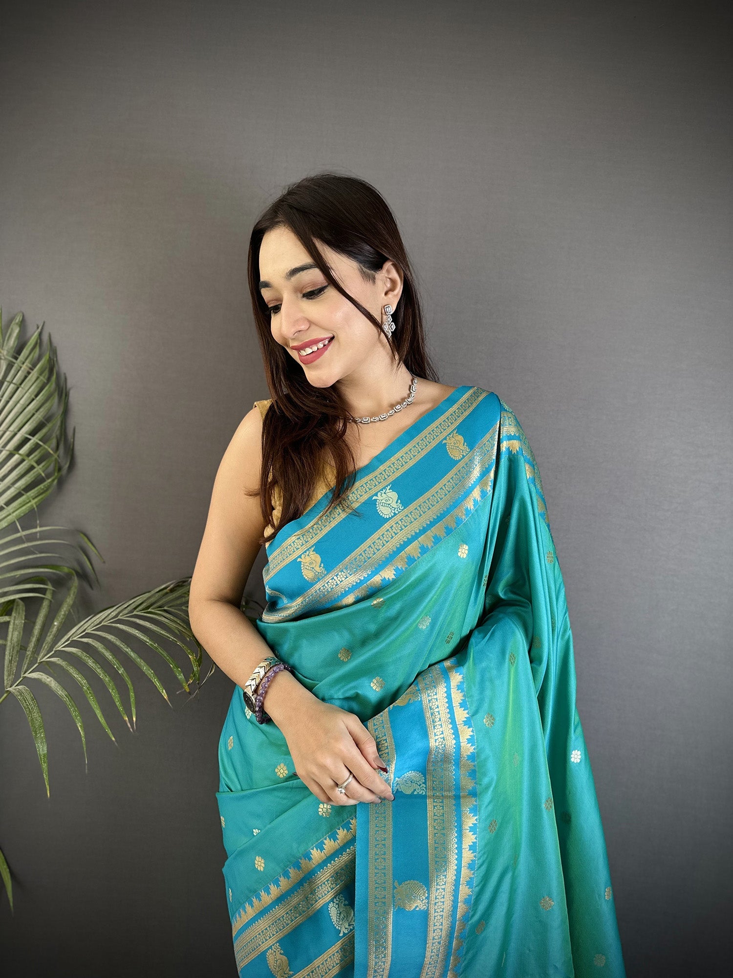Elora Sea Green Soft Silk Banarasi Zari Woven Weaving Saree | Grocsy
