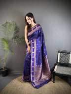 Elora Navy Blue Soft Silk Banarasi Zari Woven Weaving Saree | Grocsy