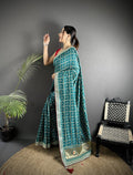 Elora Emerald Blue Vichitra Silk Bandhej Bandhani With Stone & Sequence Work Saree | Grocsy