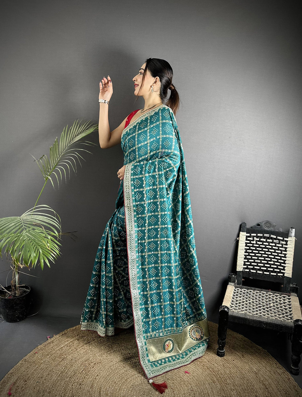 Elora Emerald Blue Vichitra Silk Bandhej Bandhani With Stone & Sequence Work Saree | Grocsy