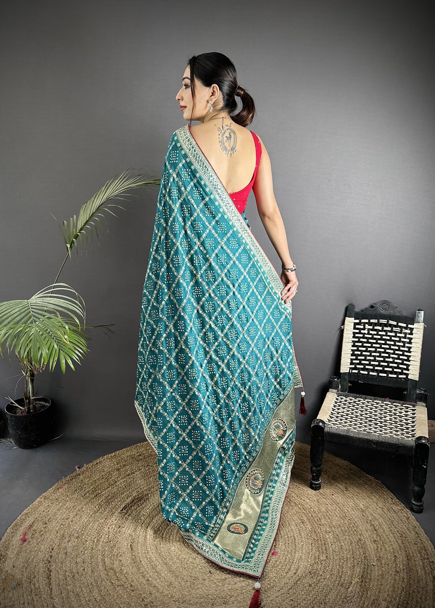 Elora Emerald Blue Vichitra Silk Bandhej Bandhani With Stone & Sequence Work Saree | Grocsy