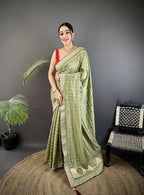 Elora Mehendi Green Vichitra Silk Bandhej Bandhani With Stone & Sequence Work Saree | Grocsy