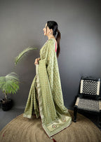 Elora Mehendi Green Vichitra Silk Bandhej Bandhani With Stone & Sequence Work Saree | Grocsy