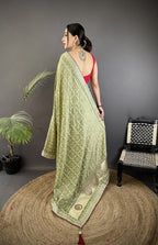 Elora Mehendi Green Vichitra Silk Bandhej Bandhani With Stone & Sequence Work Saree | Grocsy