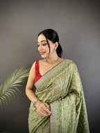 Elora Mehendi Green Vichitra Silk Bandhej Bandhani With Stone & Sequence Work Saree | Grocsy