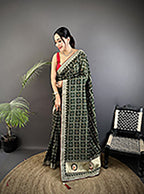 Elora Dark Green Vichitra Silk Bandhej Bandhani With Stone & Sequence Work Saree | Grocsy