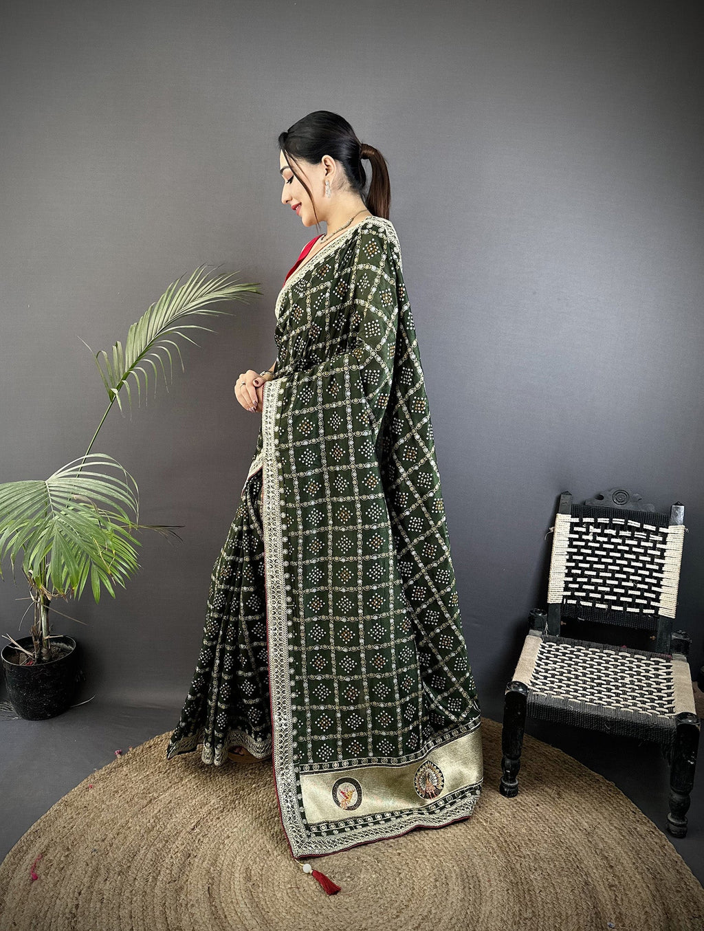 Elora Dark Green Vichitra Silk Bandhej Bandhani With Stone & Sequence Work Saree | Grocsy