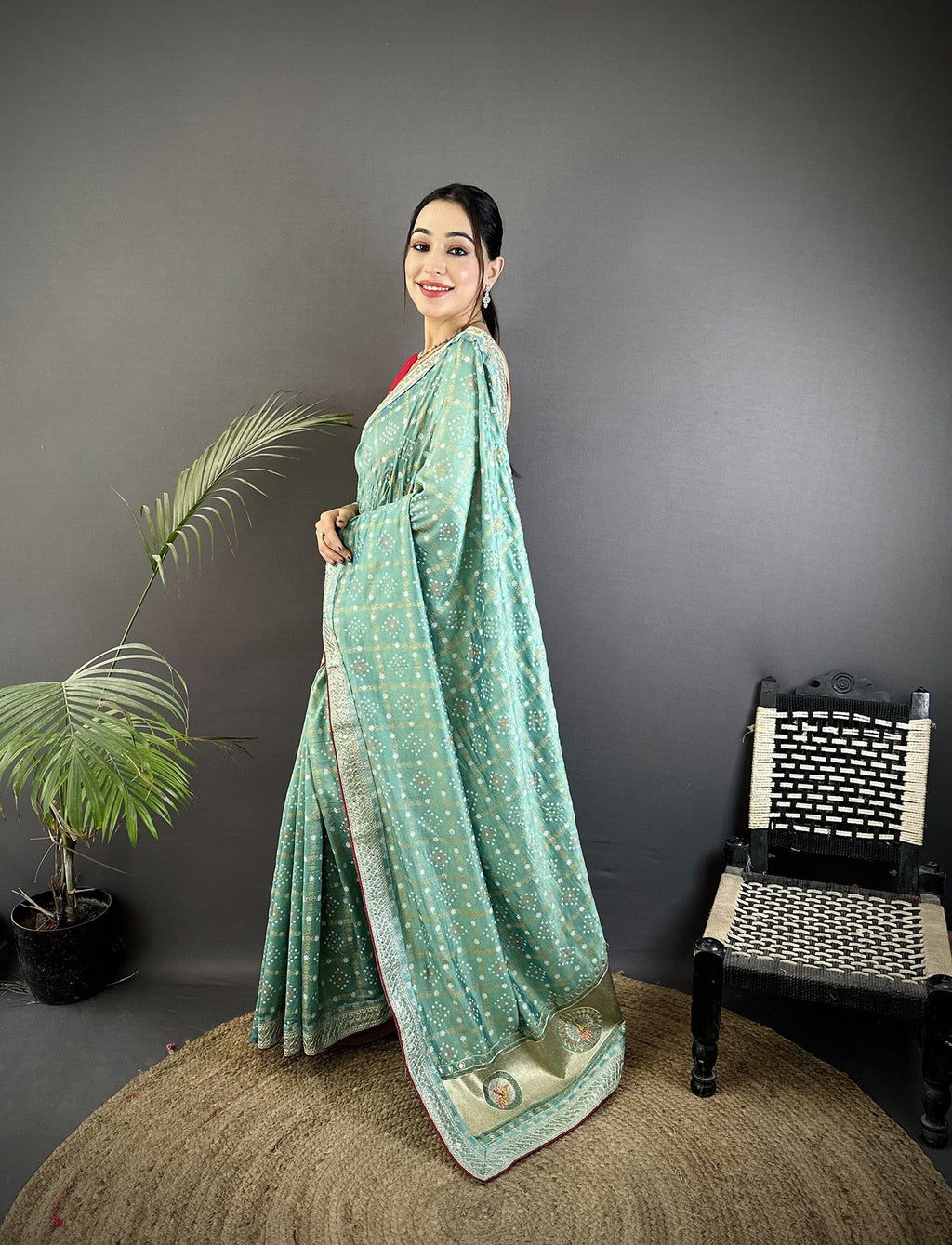 Elora Sea Green Vichitra Silk Bandhej Bandhani With Stone & Sequence Work Saree | Grocsy