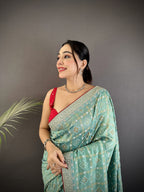 Elora Sea Green Vichitra Silk Bandhej Bandhani With Stone & Sequence Work Saree | Grocsy