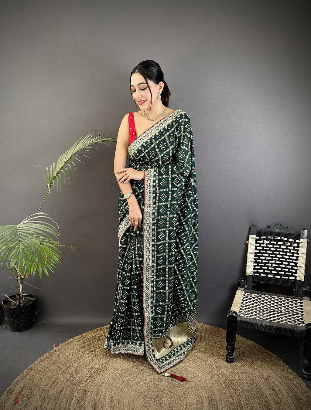 Elora Dark Green Vichitra Silk Bandhej Bandhani With Stone & Sequence Work Saree | Grocsy