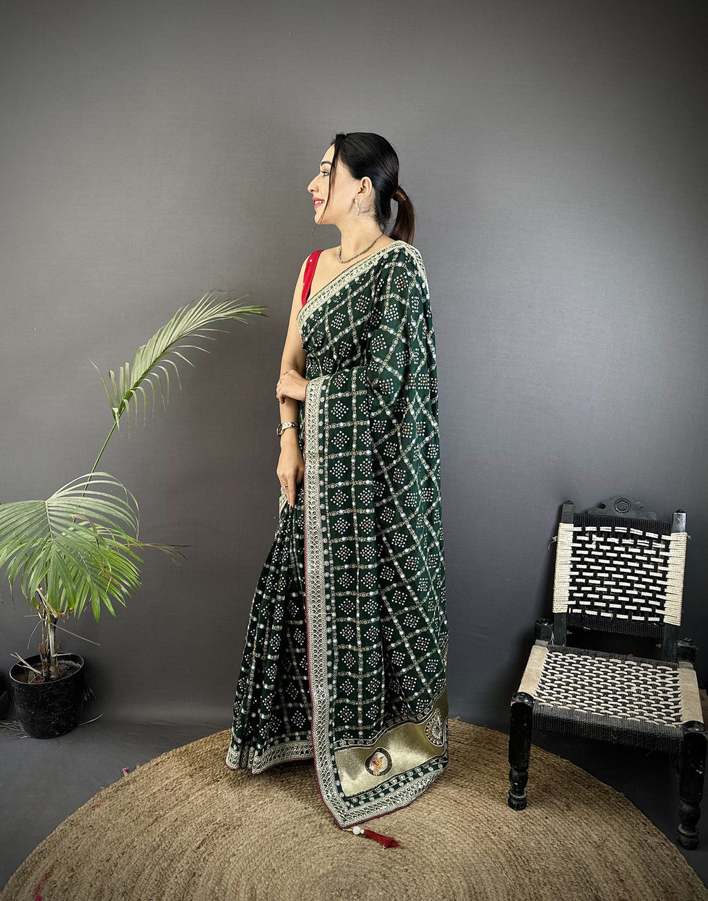 Elora Dark Green Vichitra Silk Bandhej Bandhani With Stone & Sequence Work Saree | Grocsy