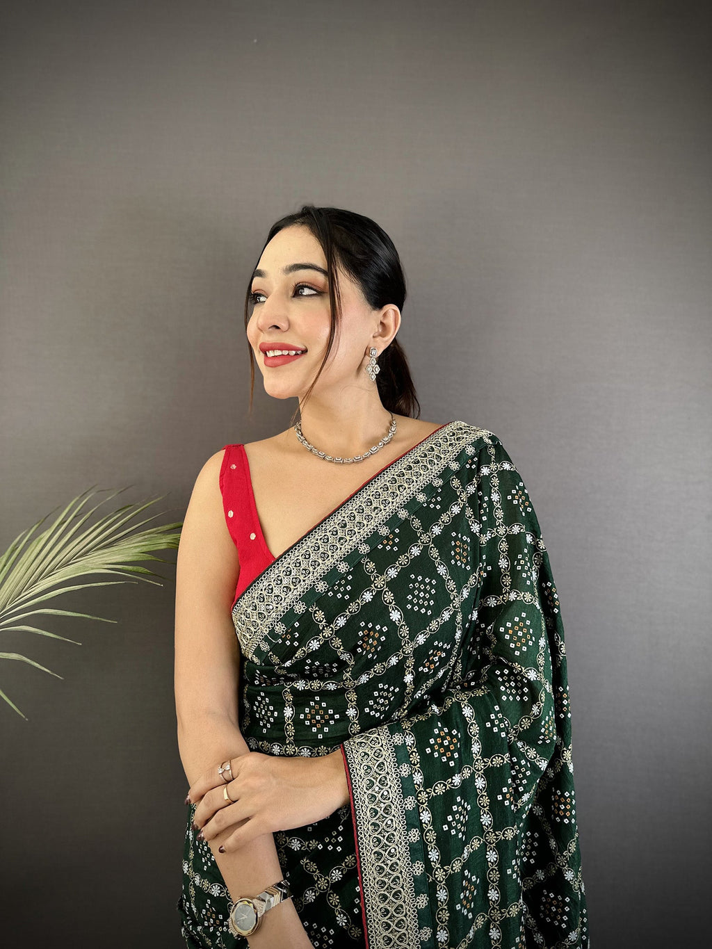 Elora Dark Green Vichitra Silk Bandhej Bandhani With Stone & Sequence Work Saree | Grocsy