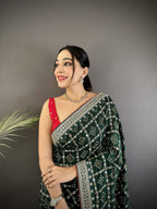 Elora Dark Green Vichitra Silk Bandhej Bandhani With Stone & Sequence Work Saree | Grocsy