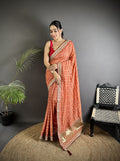 Elora Peach Vichitra Silk Bandhej Bandhani With Stone & Sequence Work Saree | Grocsy