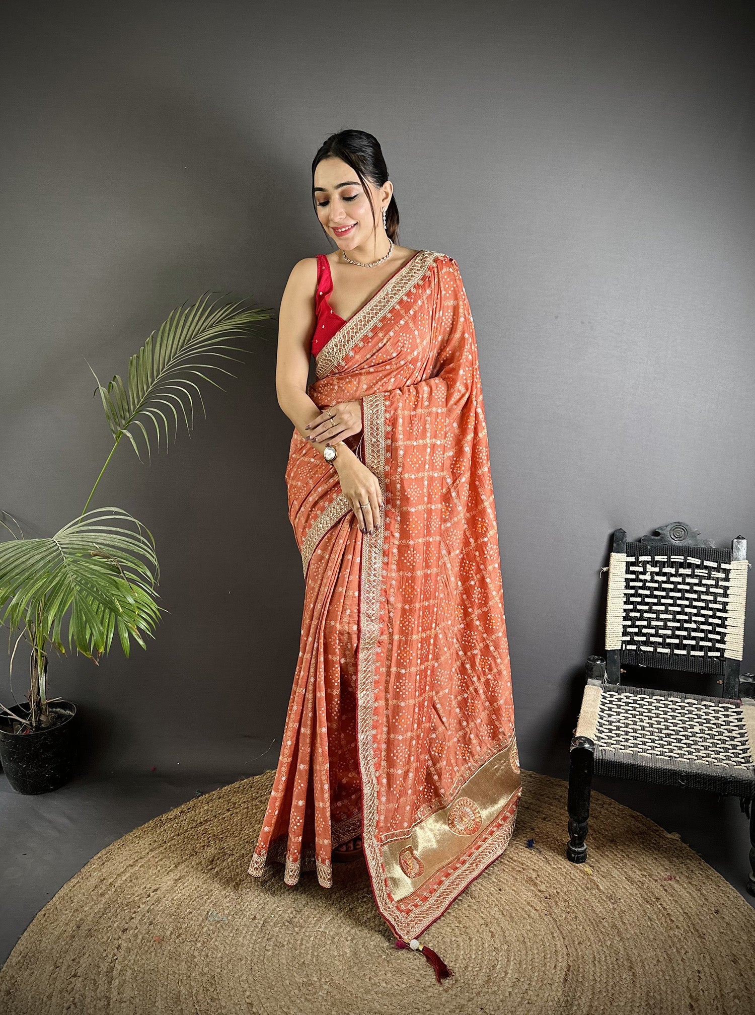 Elora Peach Vichitra Silk Bandhej Bandhani With Stone & Sequence Work Saree | Grocsy