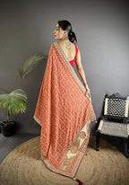 Elora Peach Vichitra Silk Bandhej Bandhani With Stone & Sequence Work Saree | Grocsy