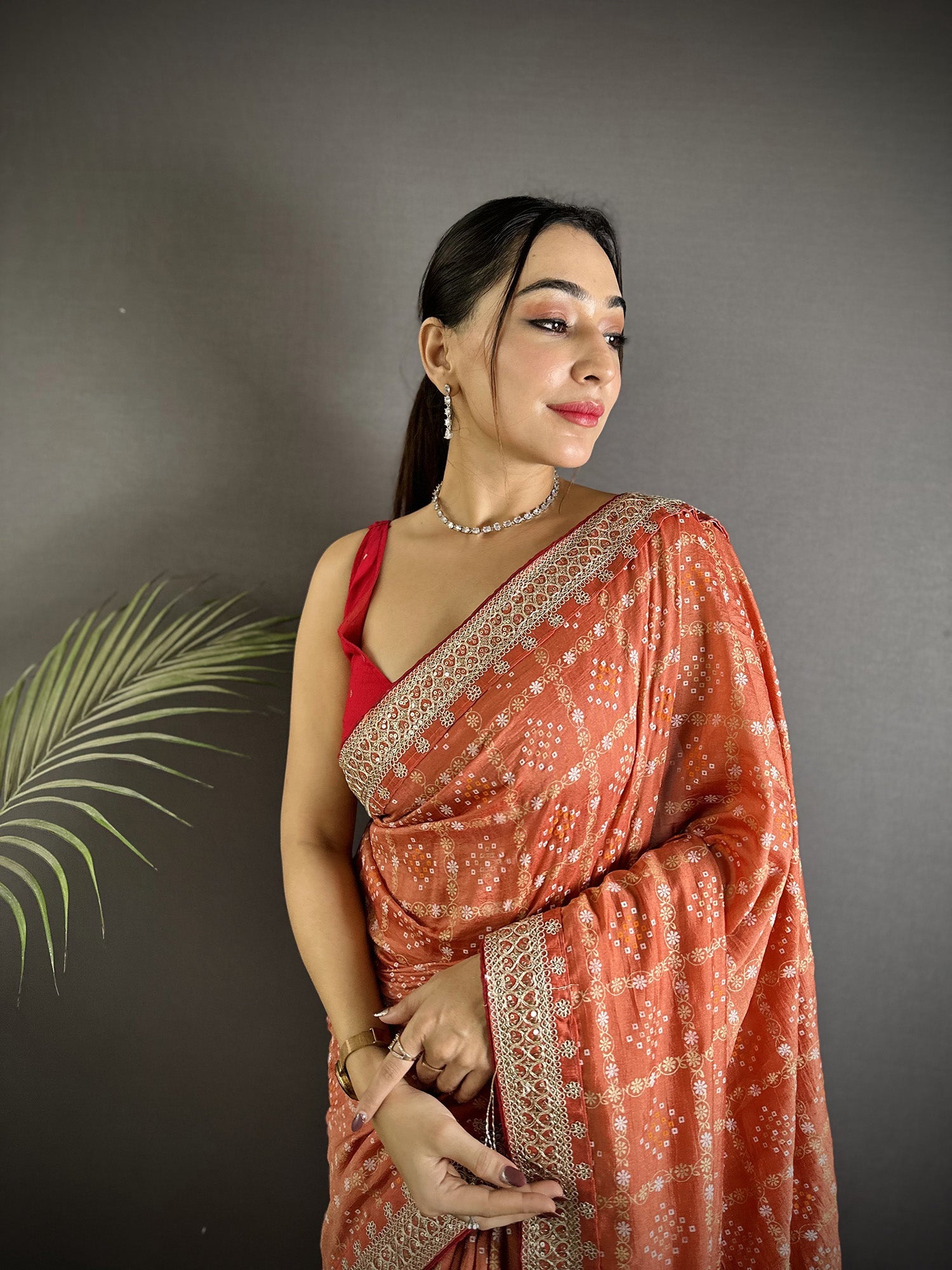 Elora Peach Vichitra Silk Bandhej Bandhani With Stone & Sequence Work Saree | Grocsy
