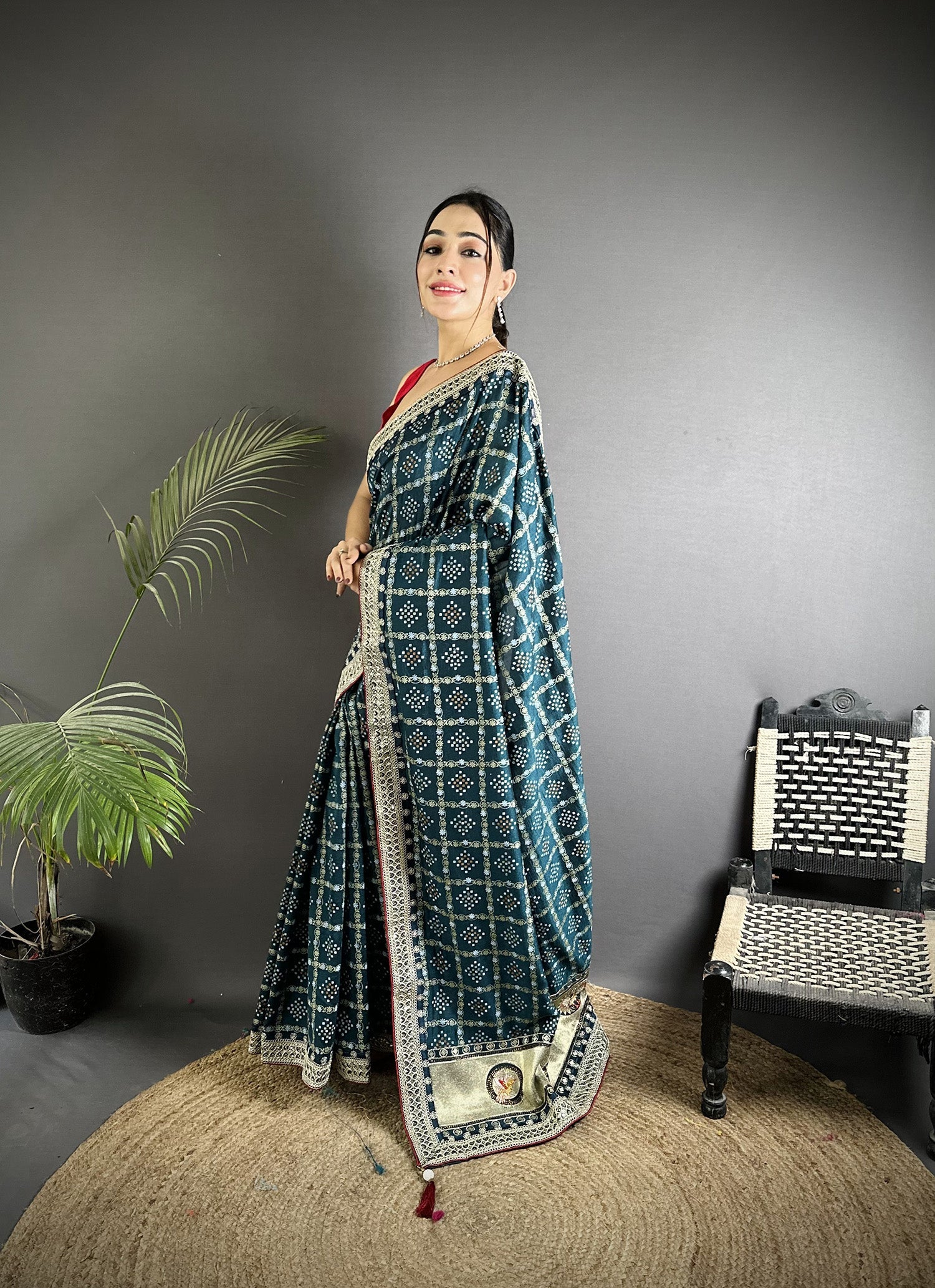 Elora Navy Blue Vichitra Silk Bandhej Bandhani With Stone & Sequence Work Saree | Grocsy