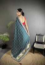 Elora Navy Blue Vichitra Silk Bandhej Bandhani With Stone & Sequence Work Saree | Grocsy