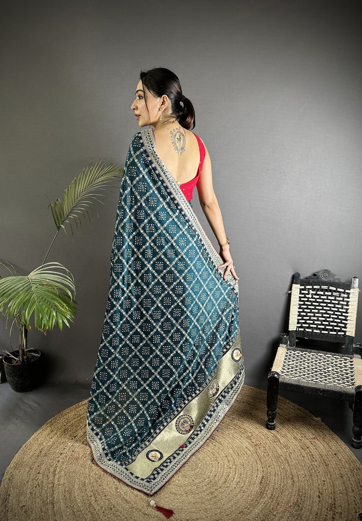 Elora Navy Blue Vichitra Silk Bandhej Bandhani With Stone & Sequence Work Saree | Grocsy