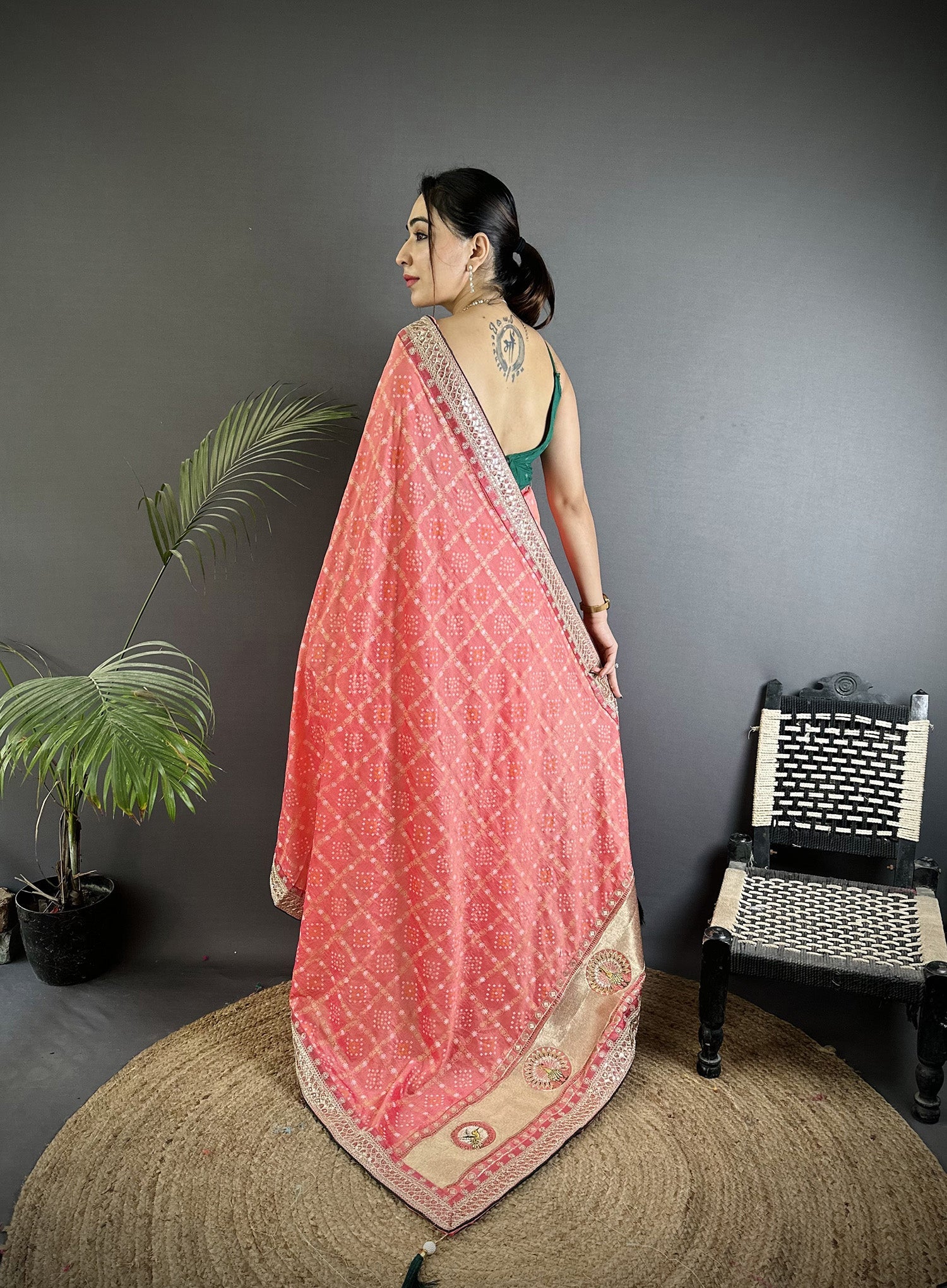 Elora Baby Pink Vichitra Silk Bandhej Bandhani With Stone & Sequence Work Saree | Grocsy