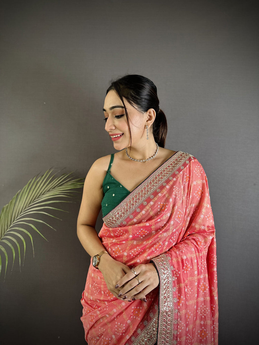 Elora Baby Pink Vichitra Silk Bandhej Bandhani With Stone & Sequence Work Saree | Grocsy