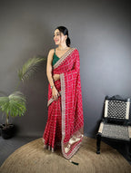Elora Hot Pink Vichitra Silk Bandhej Bandhani With Stone & Sequence Work Saree | Grocsy