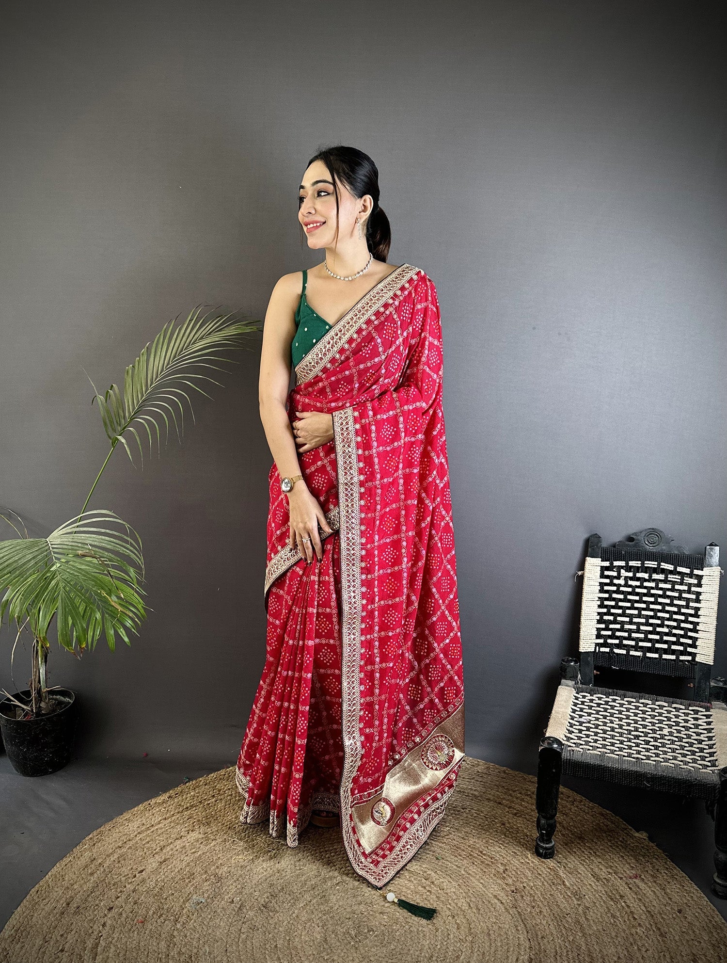 Elora Hot Pink Vichitra Silk Bandhej Bandhani With Stone & Sequence Work Saree | Grocsy