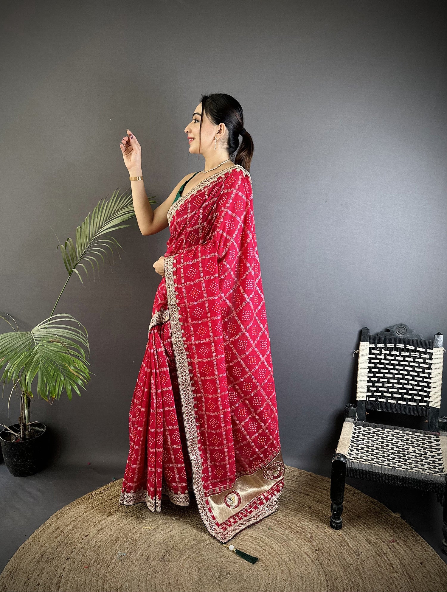 Elora Hot Pink Vichitra Silk Bandhej Bandhani With Stone & Sequence Work Saree | Grocsy