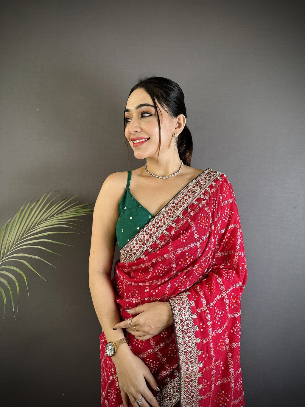 Elora Hot Pink Vichitra Silk Bandhej Bandhani With Stone & Sequence Work Saree | Grocsy