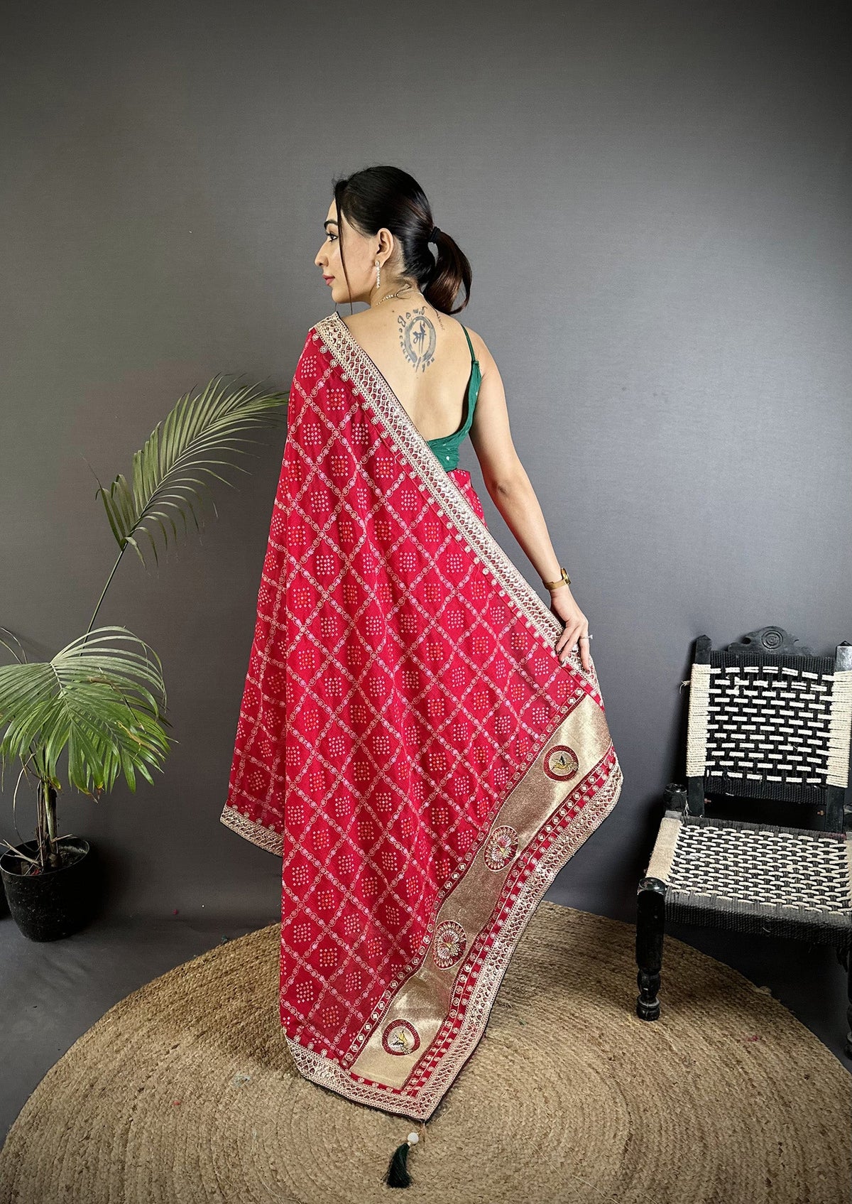 Elora Hot Pink Vichitra Silk Bandhej Bandhani With Stone & Sequence Work Saree | Grocsy